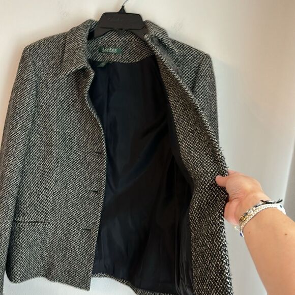Vintage Lauren Ralph Lauren Women Wool tweed blazer suit jacket black tan 10 EUC - Picture 9 of 11